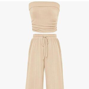 2 Piece Set Ribbed Knit Crop Tube Top Wide Leg Pant